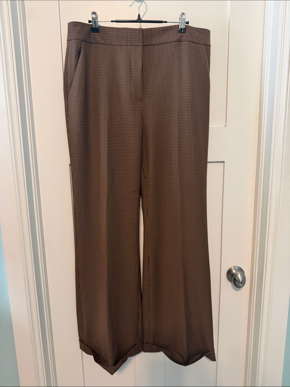 Veronica Beard Dark Academia Brown Micro-Check Wide-Leg Pants Plus Size 14